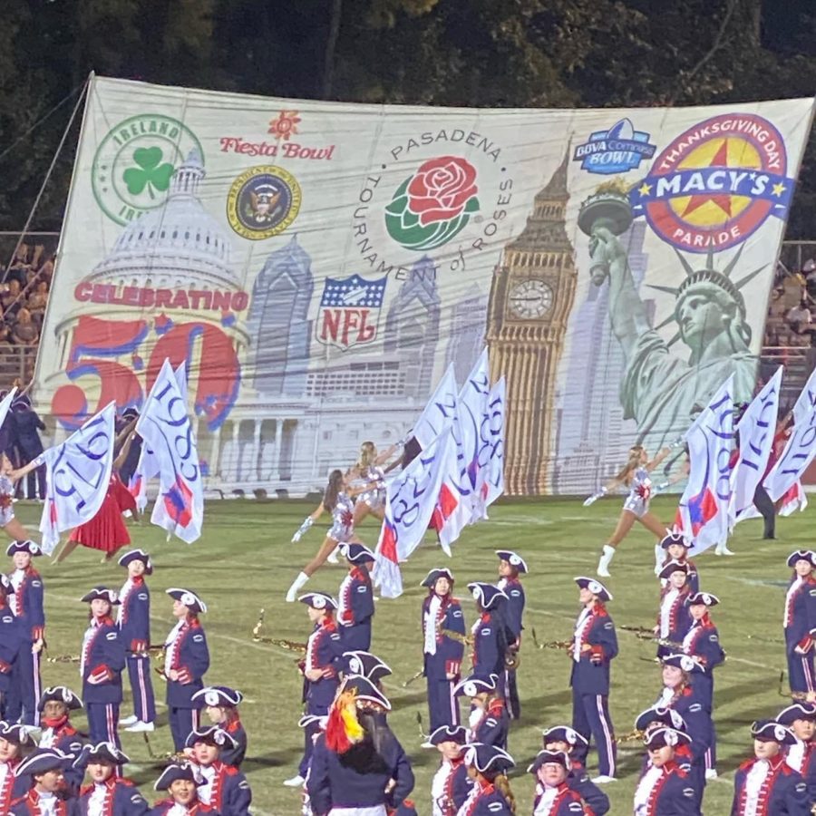The Homewood Patriot Marching Band features a pop-up banner in their show last Friday night that honors the bands 50th anniversary.