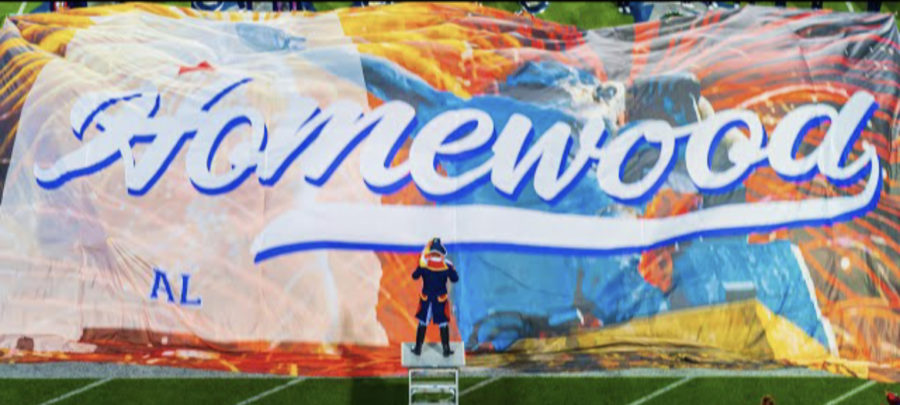 Flyover banner featured at the end of the Homewood Patriot Marching Bands 2022 halftime performance (photo by John Alford)