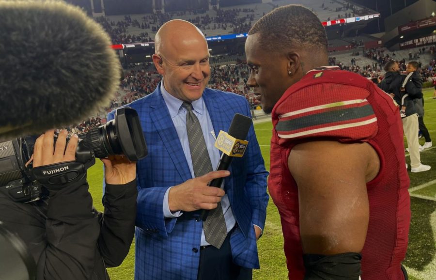 Cole Cubelic interviewing South Carolina running back Marshawn Lloyd after the Gamecocks 30-24 victory over Texas A&M on Oct. 22nd, 2022. (Twitter: @colecueblic).