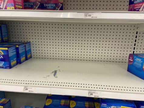 Depleted shelf on the Feminine Hygiene aisle at the Brookwood Village Target (photo by Marin Poleshek).