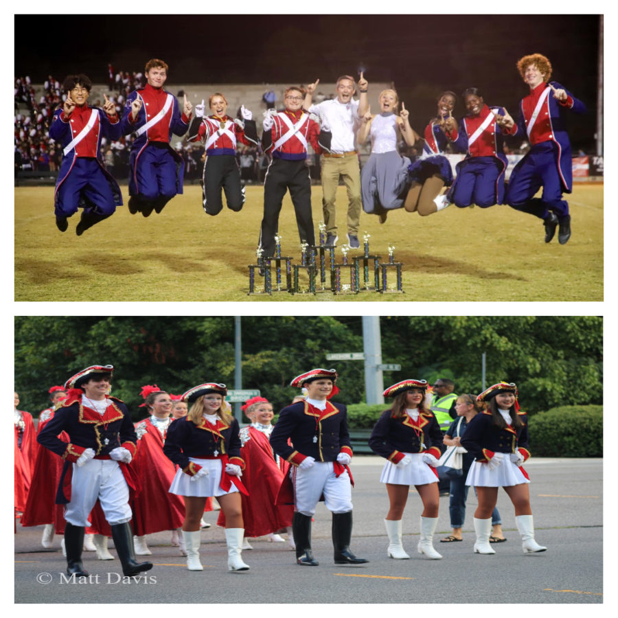 Top: Pike Road Patriots celebrate their multiple trophies won from competitions (photo credits Lotte White)
Bottom: Homewood drum majors Russell Dearing, Bailey Pearson, Watson Lee, Harper Sheils, and Jill Ferderber (left to right) lead the Patriot Marching Band across Lakeshore Drive to Samford University (photo credits Matt Davis)