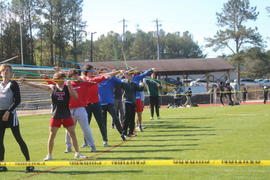 Javelin athletes get in a few warm up throws before competing (photo by Marin Poleshek).