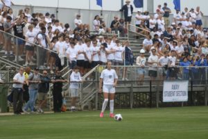 Annie McBride steps up to take a free kick in the state semifinal. The Patriots went on to win the state championship just days later. Credits for the photo, Russell Dearing.
