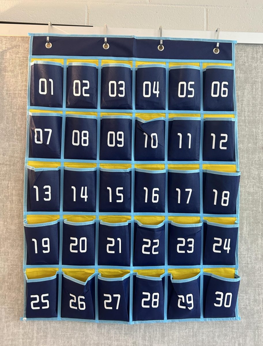 Example of new phone pockets. Most teachers have added these to their classrooms in order to control phone usage.