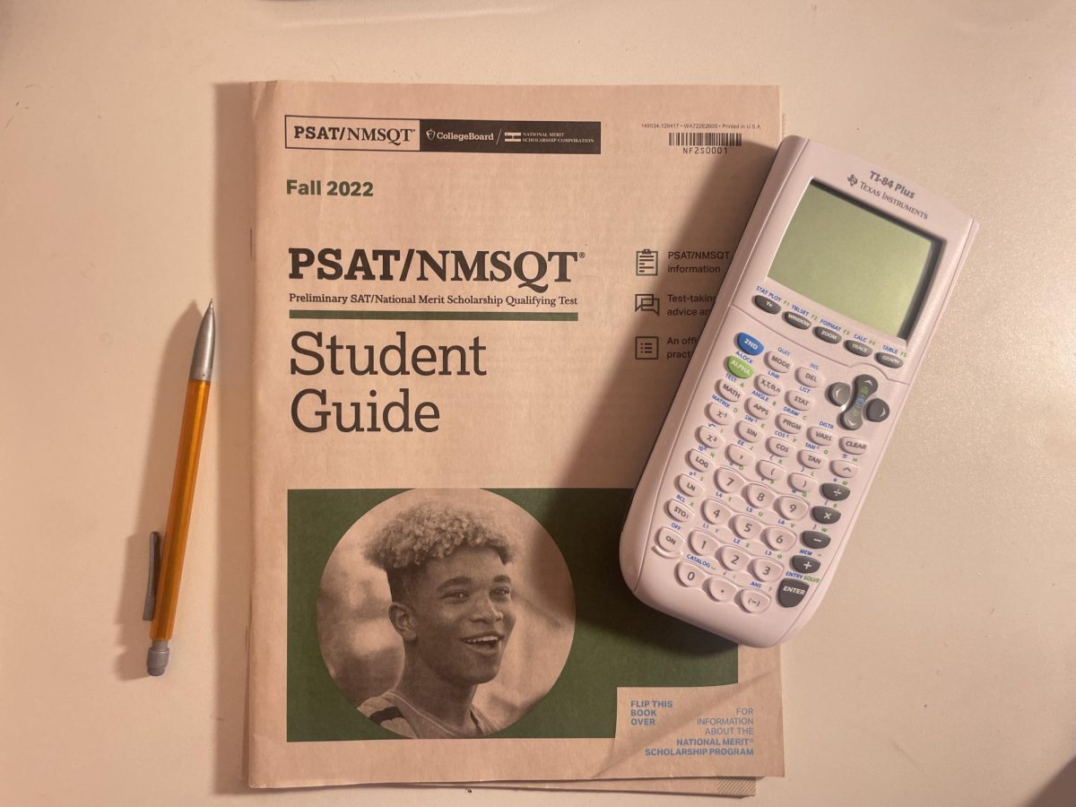 PSAT test prep booklet and tools ready for use.