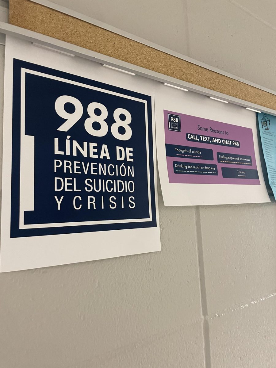 An example of the suicide hotline numbers posted around the school hallways, some even with Spanish translated text.