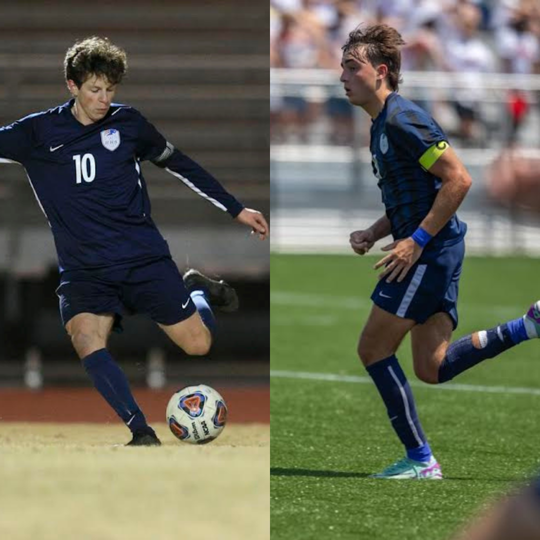 Hardy Smith and Charlie Herring playing varsity soccer while in high school. Both served as soccer captains that helped win state championships in 2021 and 2024.