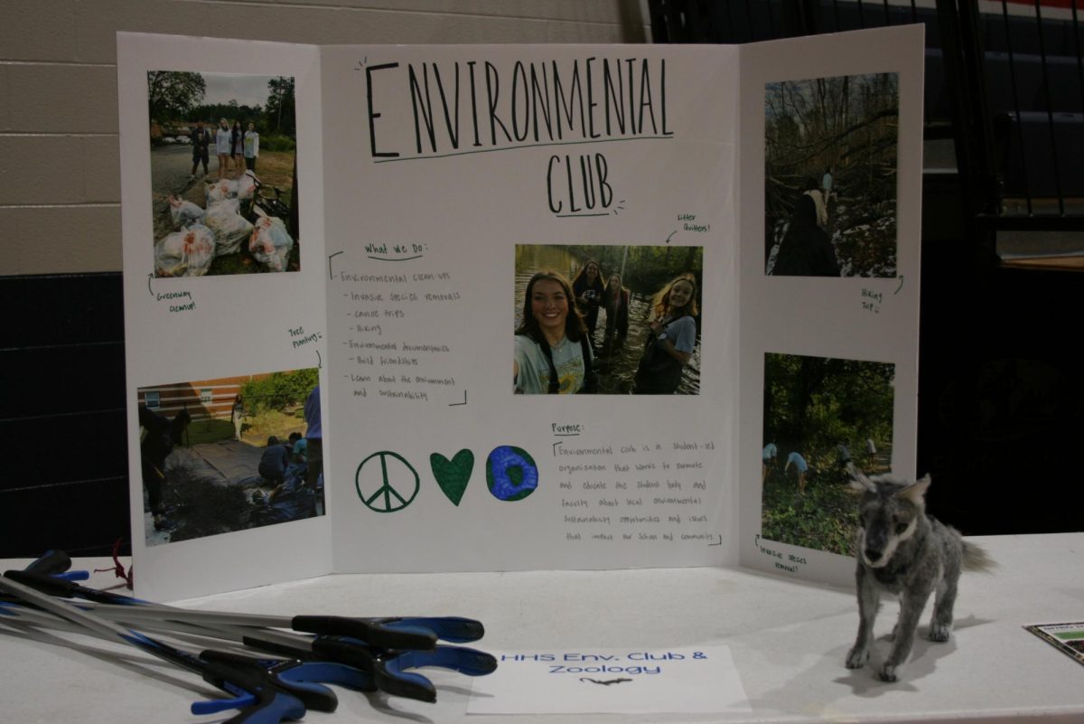 HHS environmental club table featuring a trifold and reach extenders.