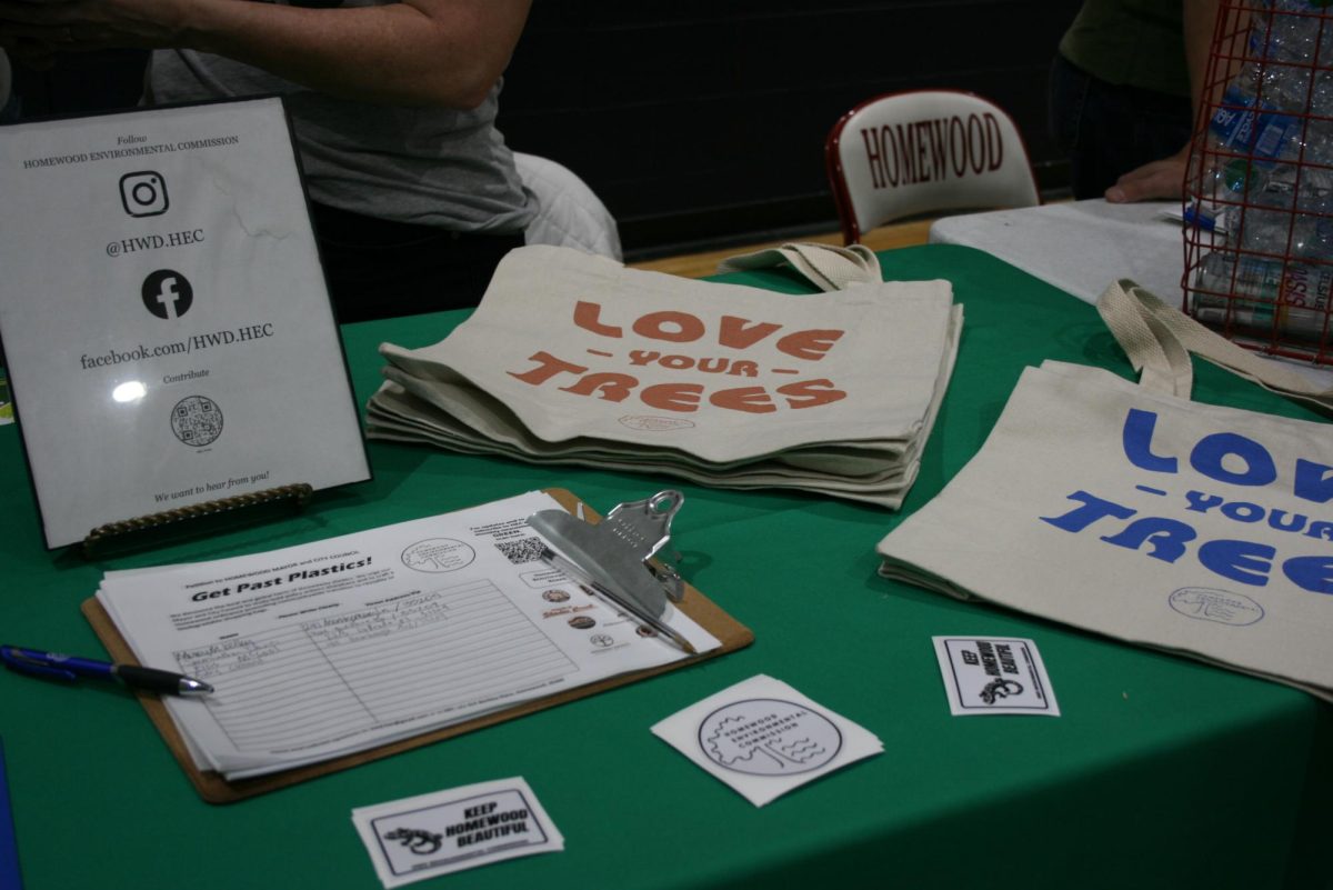 Homewood Environmental Commisson offers tote bags to attendees to reduce plastic bag usage.