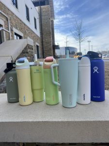 From left to right: Hydro Flask, Owala, Stanley, Owala, Brumate, Owala, Hydro Flask.