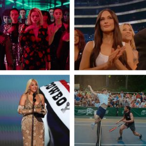 Top left: Selena Gomez in "Emilia Perez," top right: Kacey Musgraves at the 2025 Grammy awards, bottom left: Beyonce accepts "Best Album" award at the 2025 Grammys, bottom right: Mike Faist and Josh O'Connor in "Challengers"