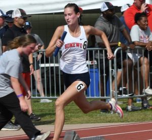 Senior Ada McElroy competing in the 4x400 meter relay at the 2024 state championship.