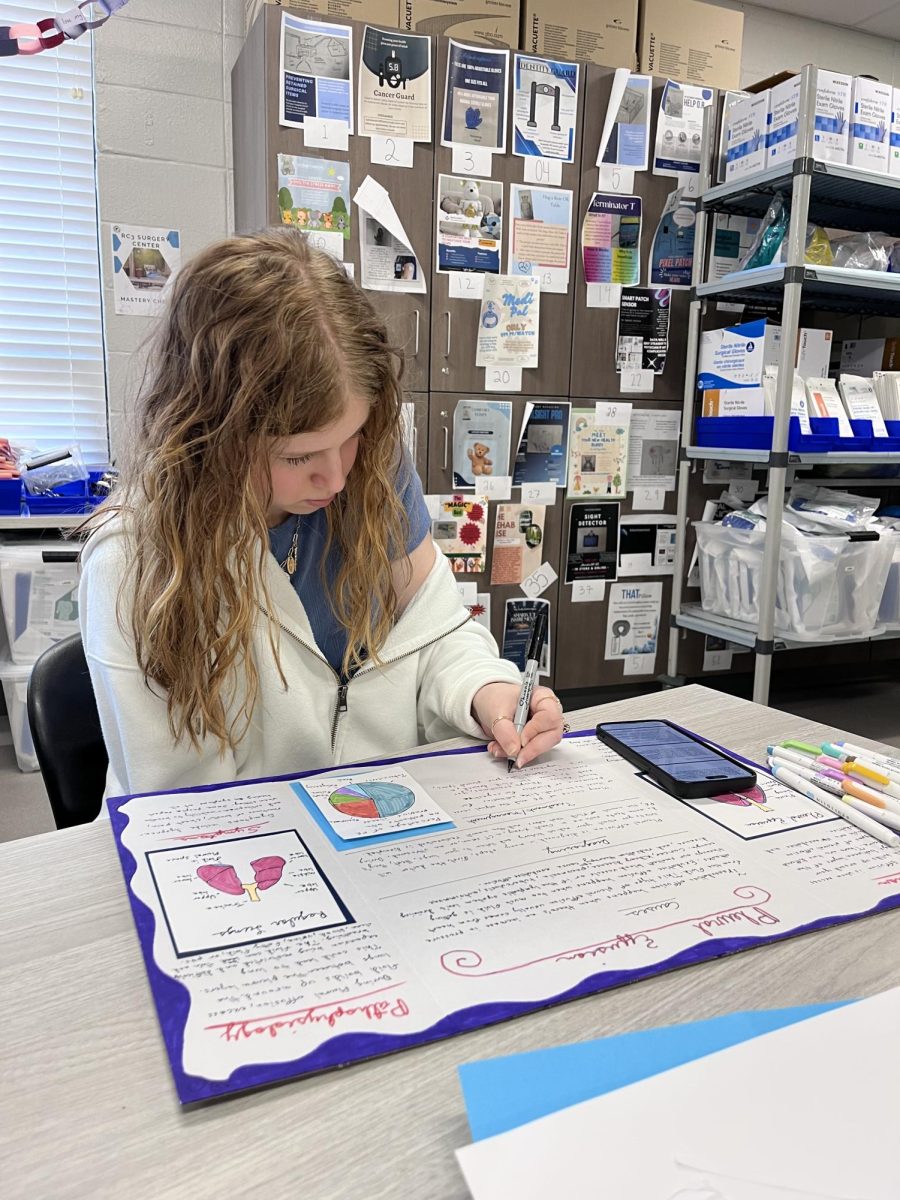 Hoover High sophomore Amelia Lawrence works on her final exam for Health Science focusing on pleural effusion.