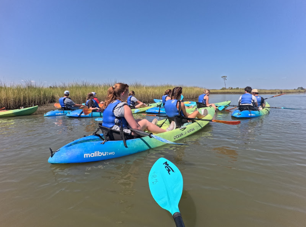 Marine science students kayak down the Dauphin Island coastline. This barrier island not only protects the mainland from strong storms, but also attracts an abundance of nutrients to create the ideal habitat for diverse marine life. 
