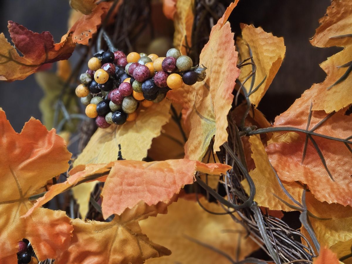 Thanksgiving wreath hanging on the classroom door. Wreaths are a common Thanksgiving decoration. 