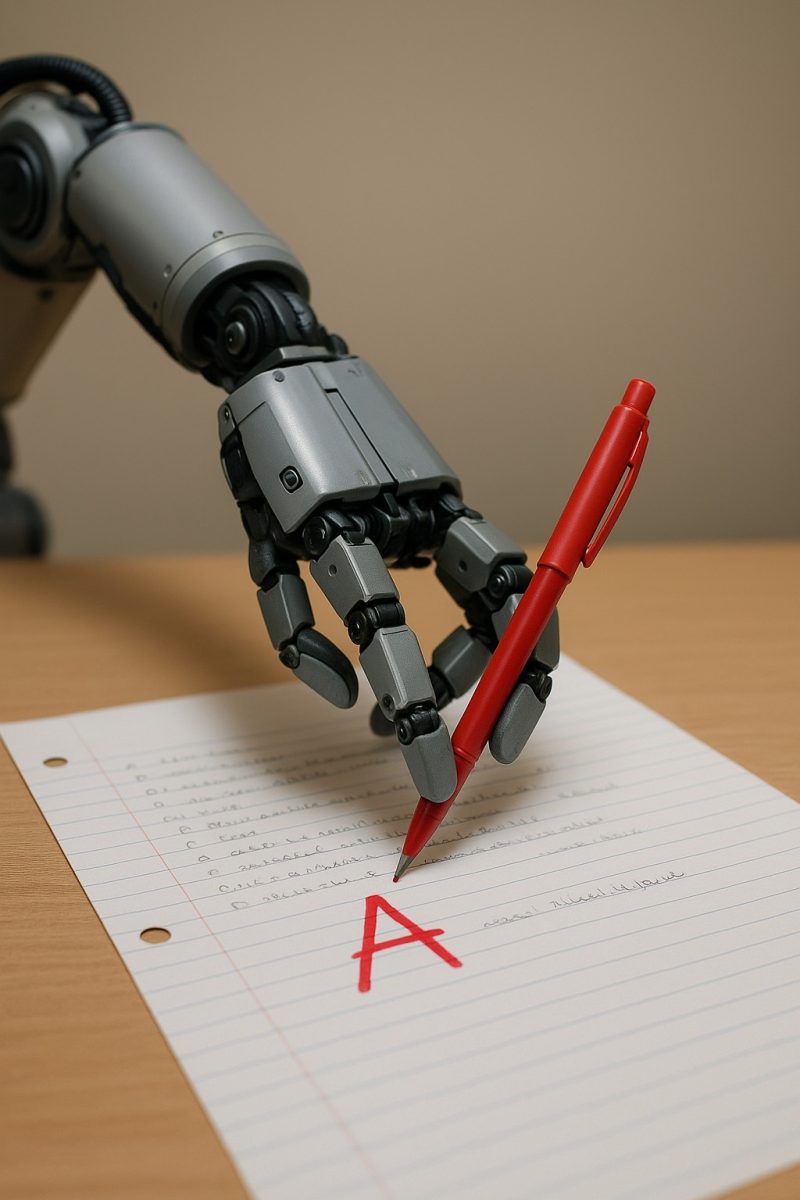A robot arm grades a school paper (backwards) with a red pen. Our staff created this image with the intention of demonstrating the efficiency and realism of AI models today.