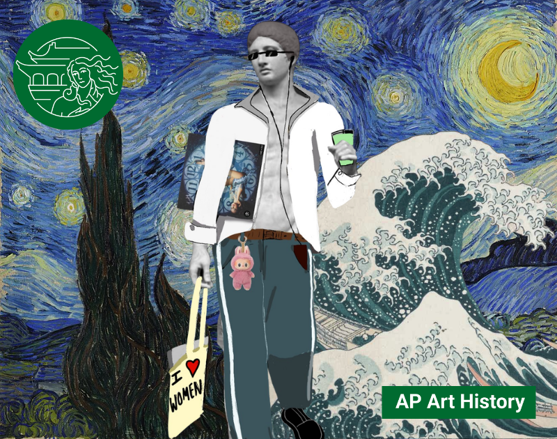 A modernized "performative male" art figure stands in the foreground (courtesy of Wendy Contreras). A background of da Vinci's "Starry Night" and Hokusai's "The Great Wave over Kanagawa" demonstrate the course's diverse material.